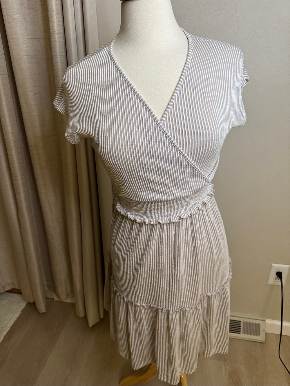 Caution To The Wind Beige & White Striped Wrap-Style Dress